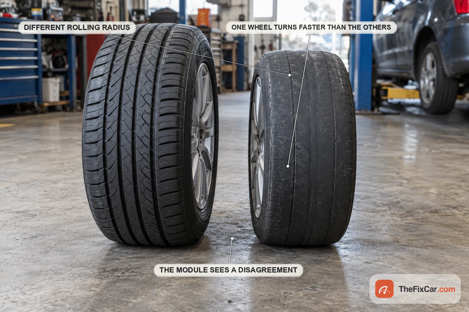 Two tyres side by side on a workshop floor, one with deep tread and one worn nearly smooth