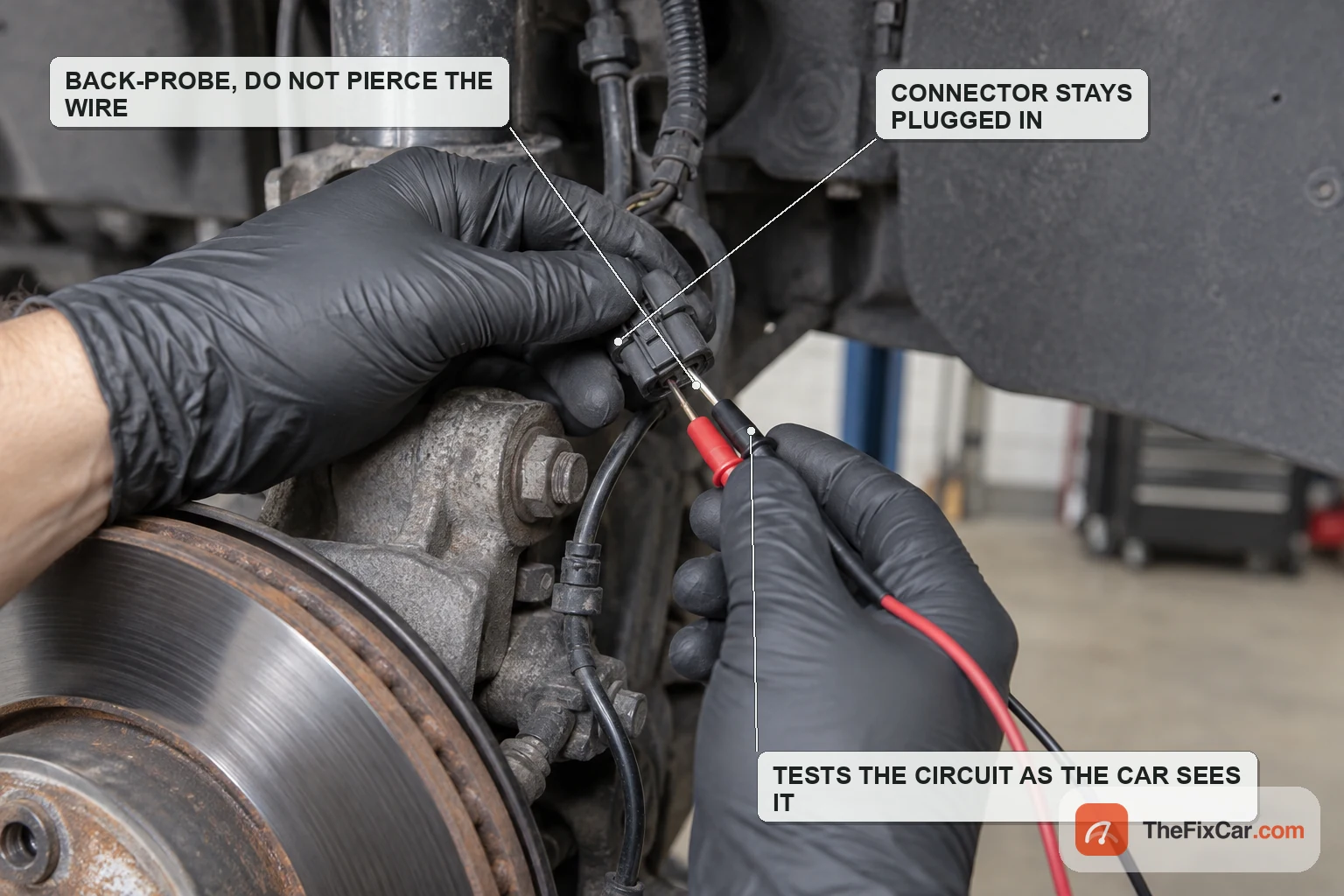 Two fine back-probe pins slid into the back of a wheel speed sensor connector alongside the wires, with meter leads attached
