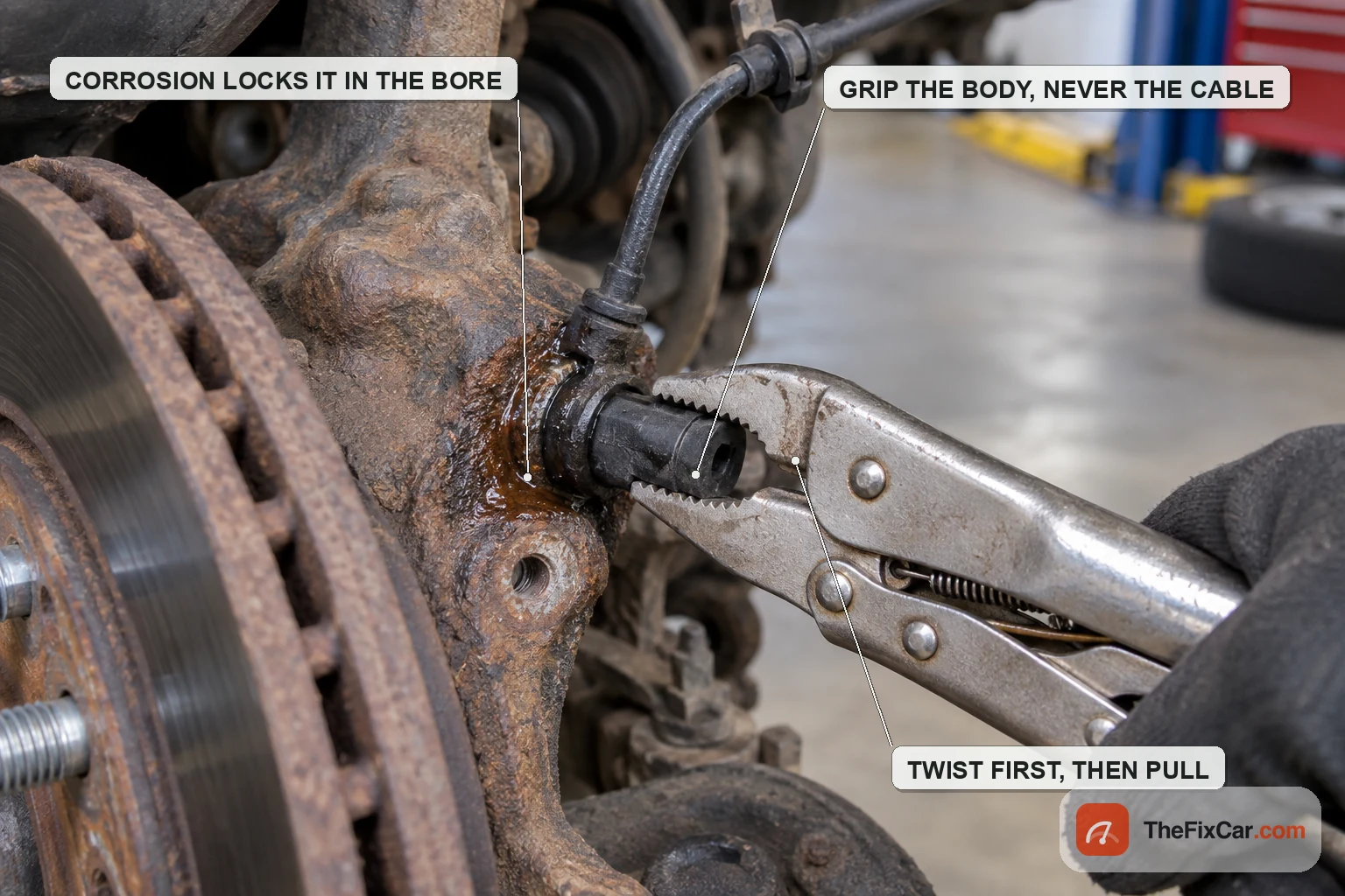 A wheel speed sensor being twisted out of a rusty knuckle bore with locking pliers gripping its body, penetrating fluid visible
