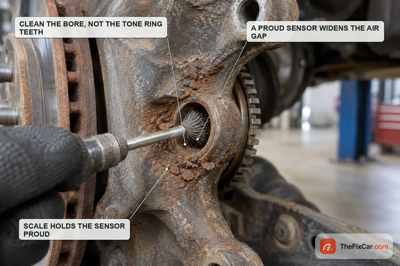 A small wire brush cleaning rust scale out of the wheel speed sensor bore in a knuckle, with the tone ring visible behind