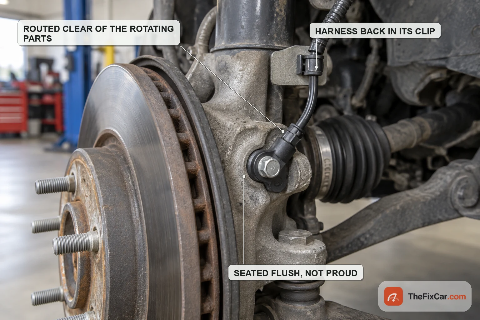 A new wheel speed sensor seated flush in the knuckle with its bolt fitted and the harness clipped into its bracket