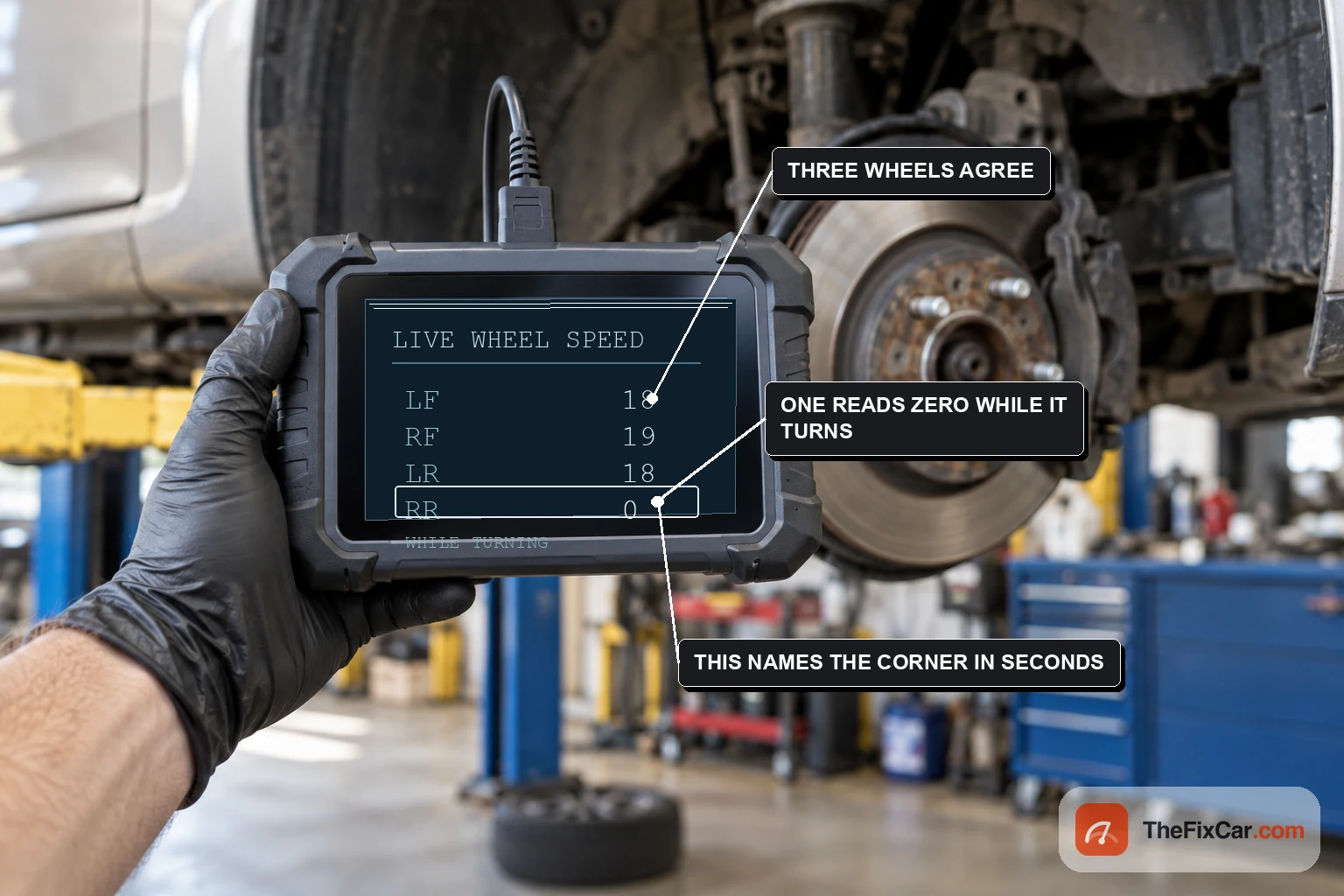 A scan tool showing live wheel speed data where three wheels read similar values and the fourth reads zero