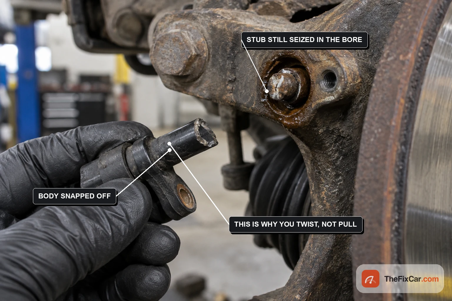 A wheel speed sensor with its plastic body snapped off, held in a gloved hand, with the metal stub still corroded into the knuckle bore