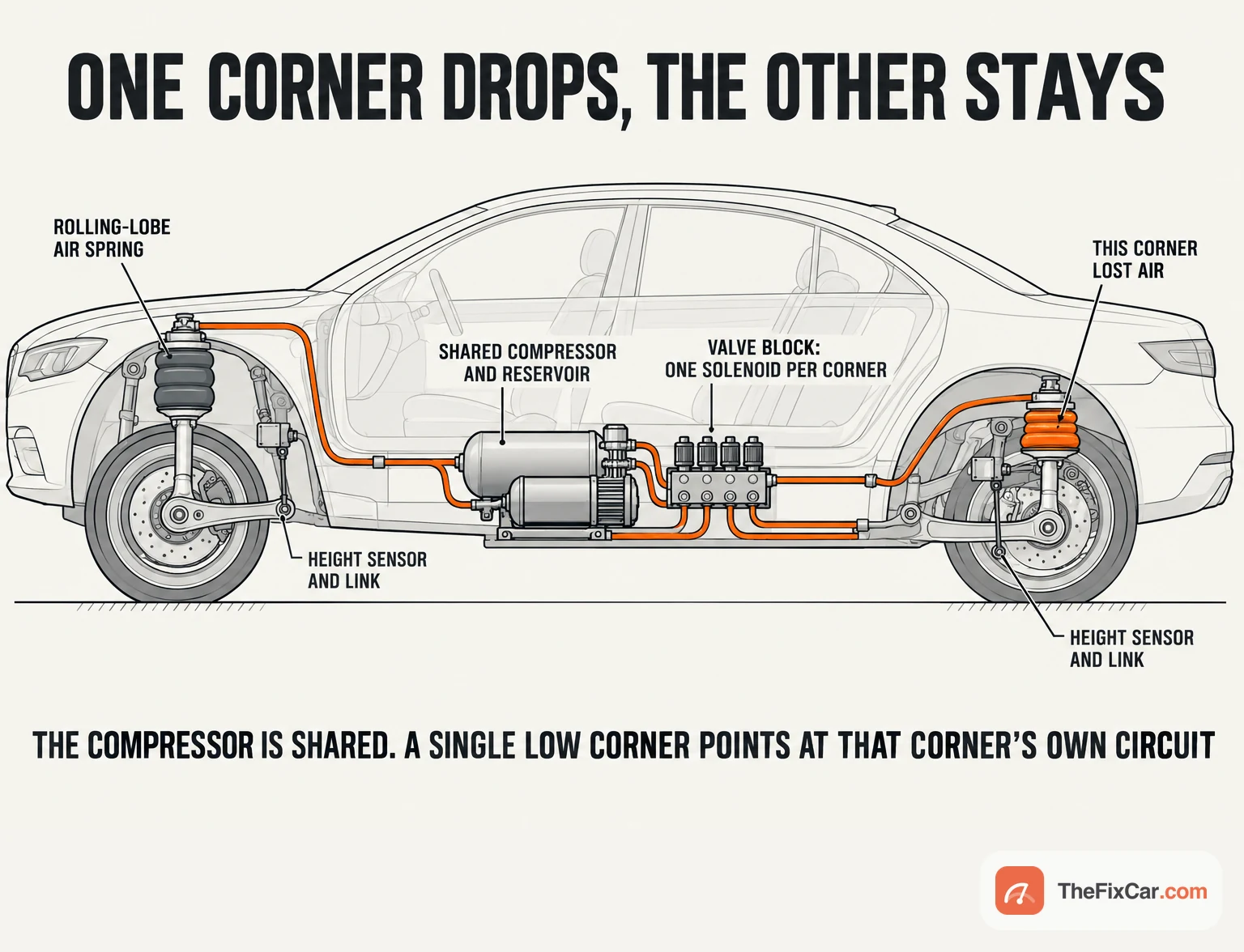 Service-manual cutaway of a car air suspension: shared compressor and reservoir, a valve block with one solenoid per corner, and one rear air spring collapsed so that corner sits low