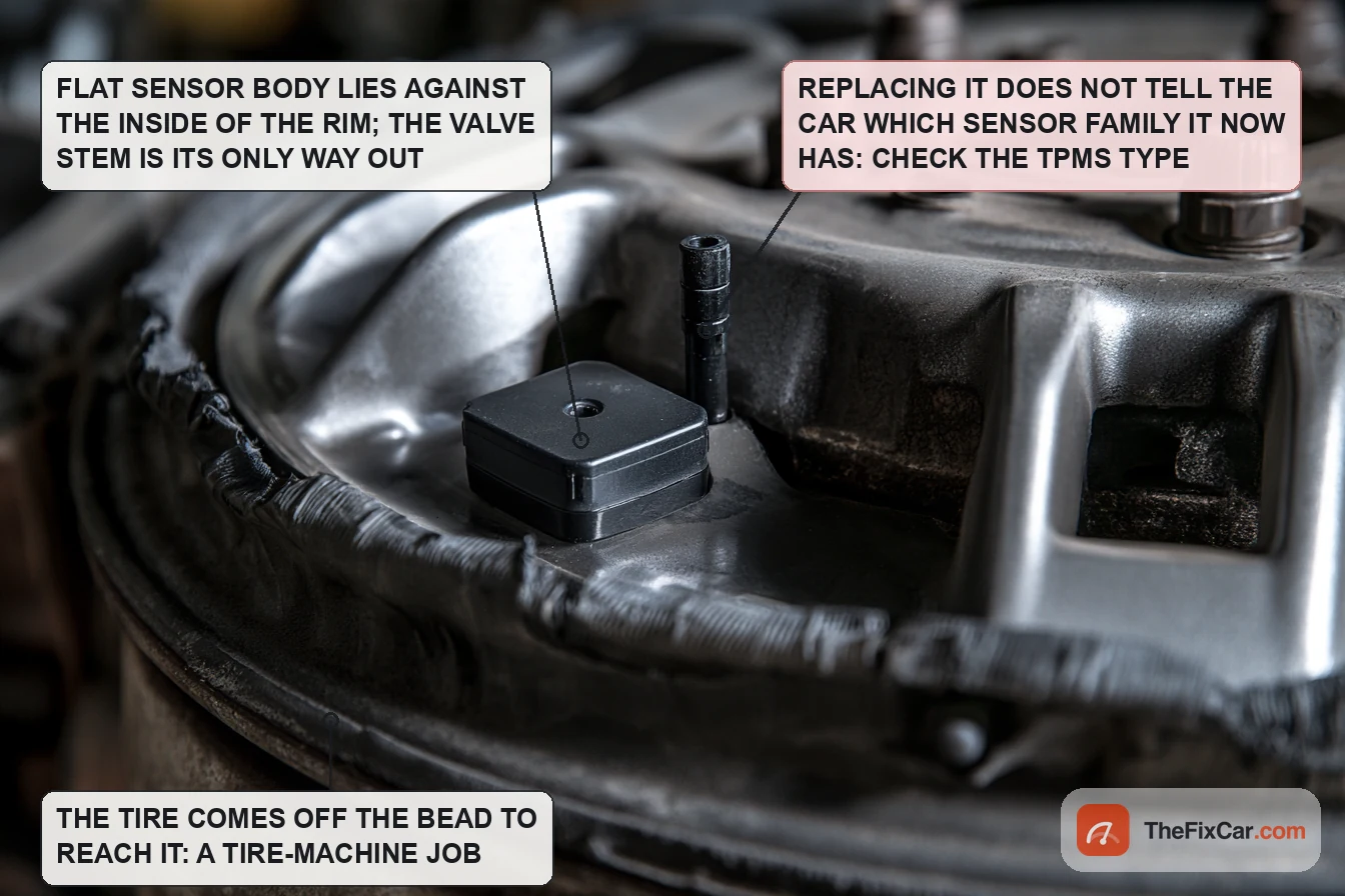 Flat black tire pressure sensor lying against the inside of an alloy rim with its rubber valve stem passing through the rim, tire bead pulled away