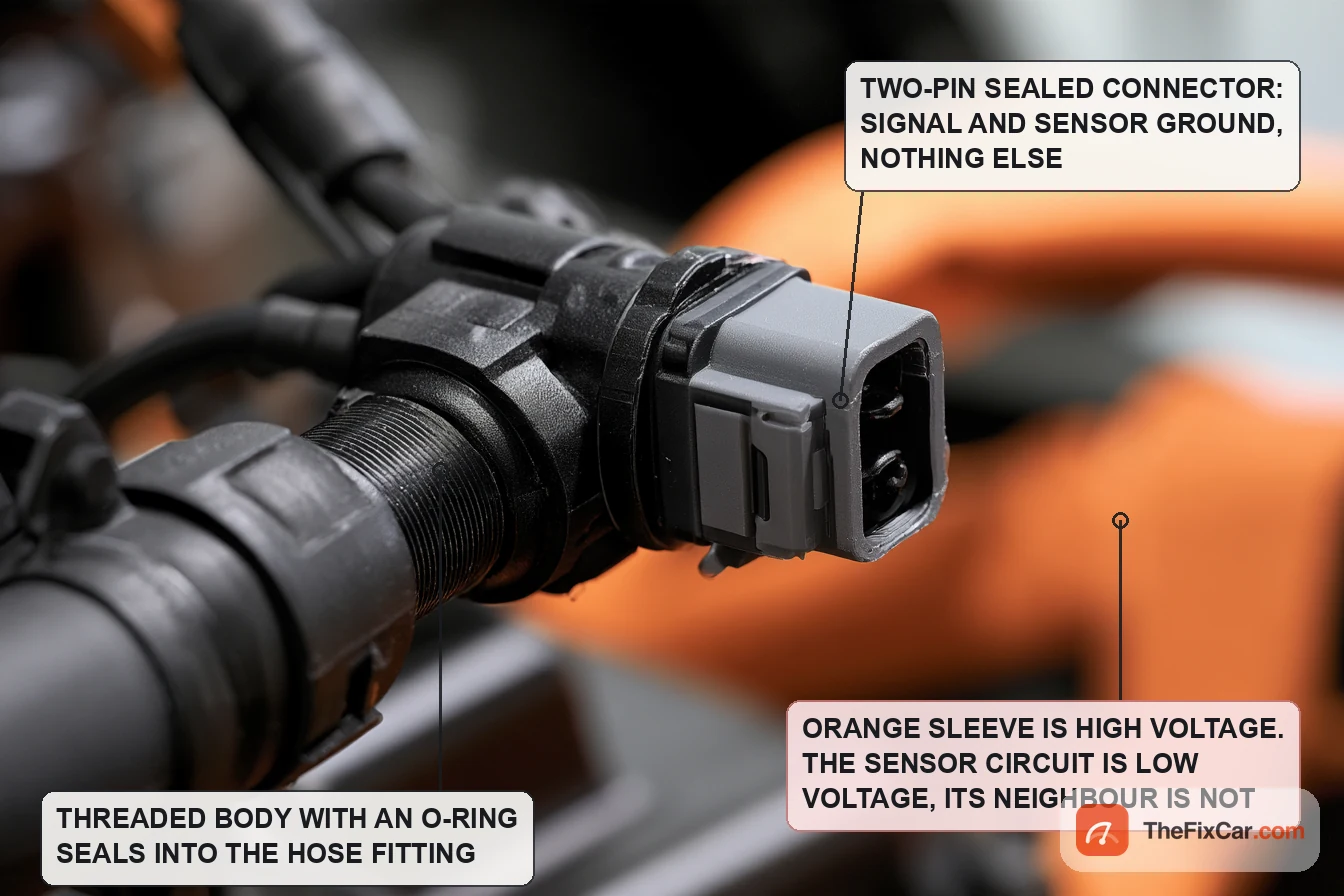 Inline EV coolant temperature sensor threaded into a hose fitting with a grey two-pin sealed connector and an orange high-voltage cable behind it