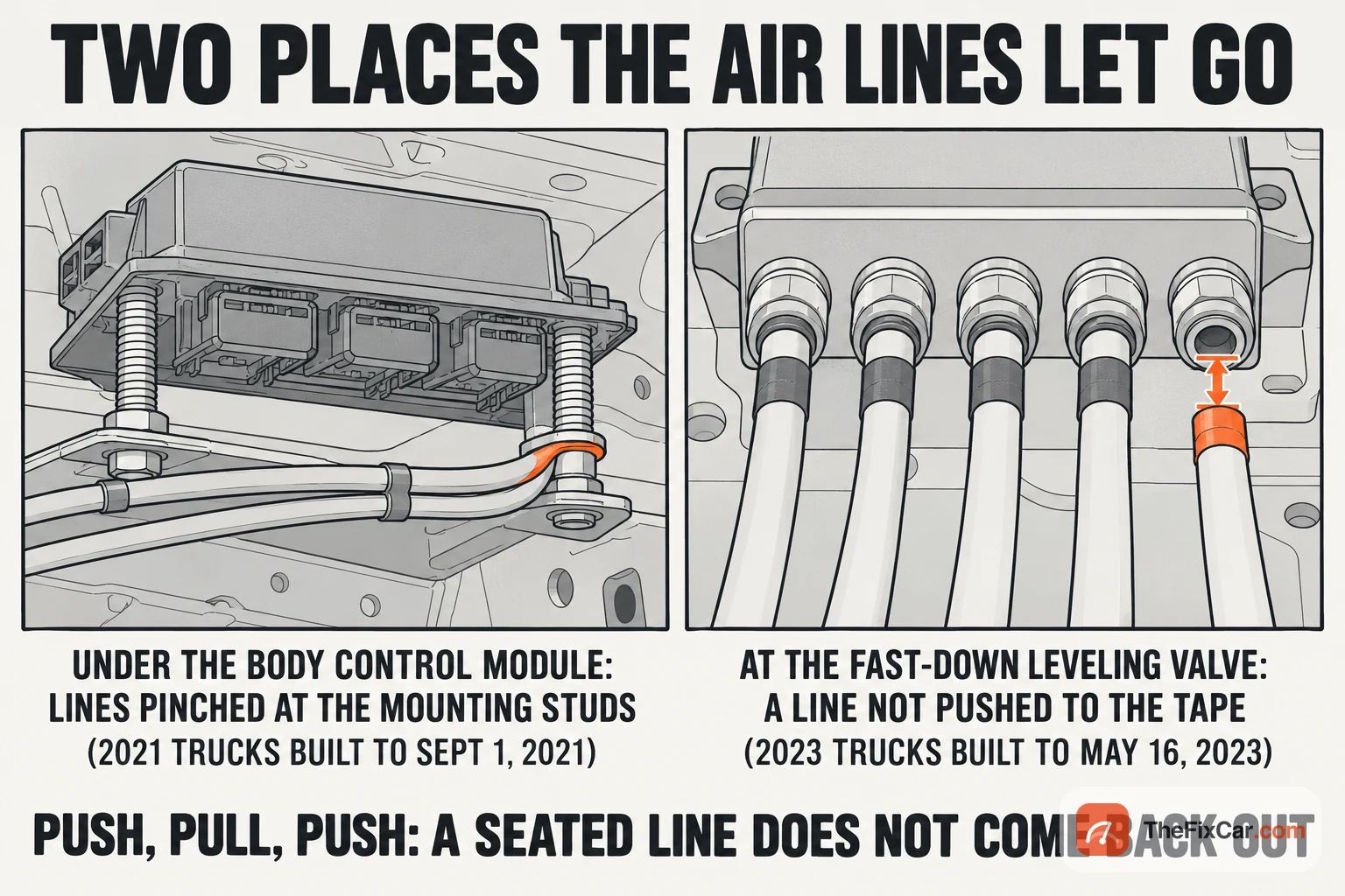 Two places the Grand Cherokee air lines let go: pinched at the body control module mounting studs on 2021 trucks built to September 1, 2021, and not pushed to the colored tape at the fast-down leveling valve on 2023 trucks built to May 16, 2023