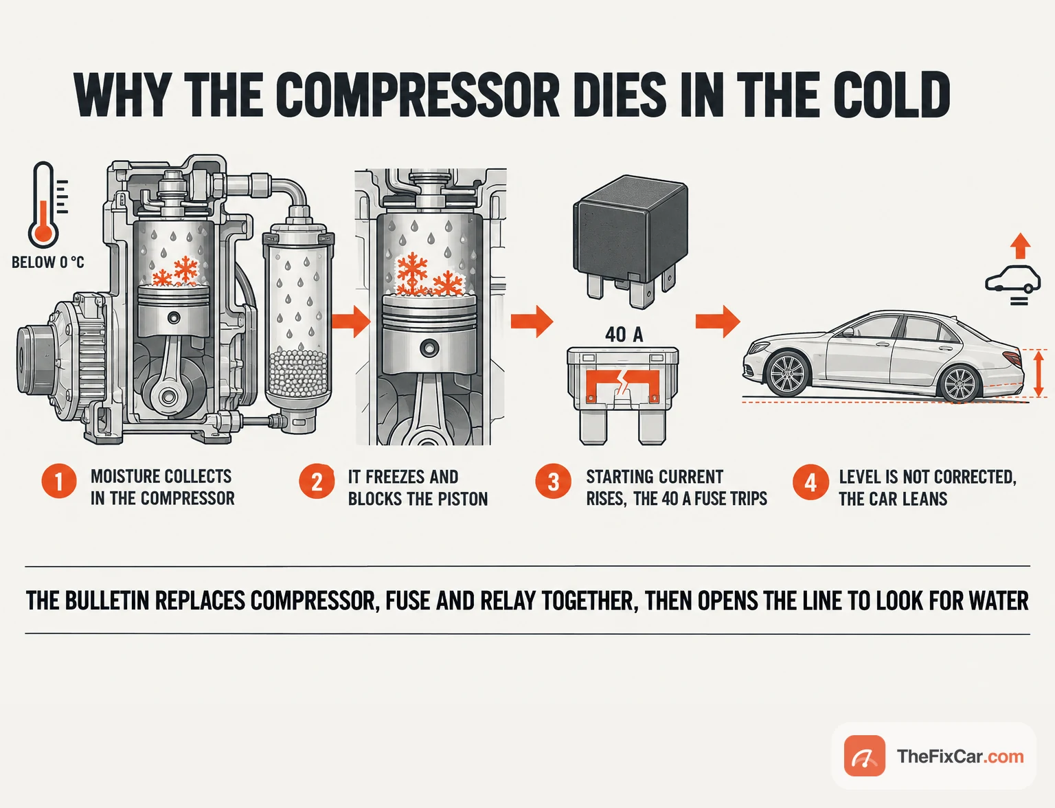 Cause-and-effect drawing: moisture collects in the air suspension compressor, freezes below 0 °C and blocks the piston, the starting current rises and the 40 A fuse trips, the level is not corrected and the car leans
