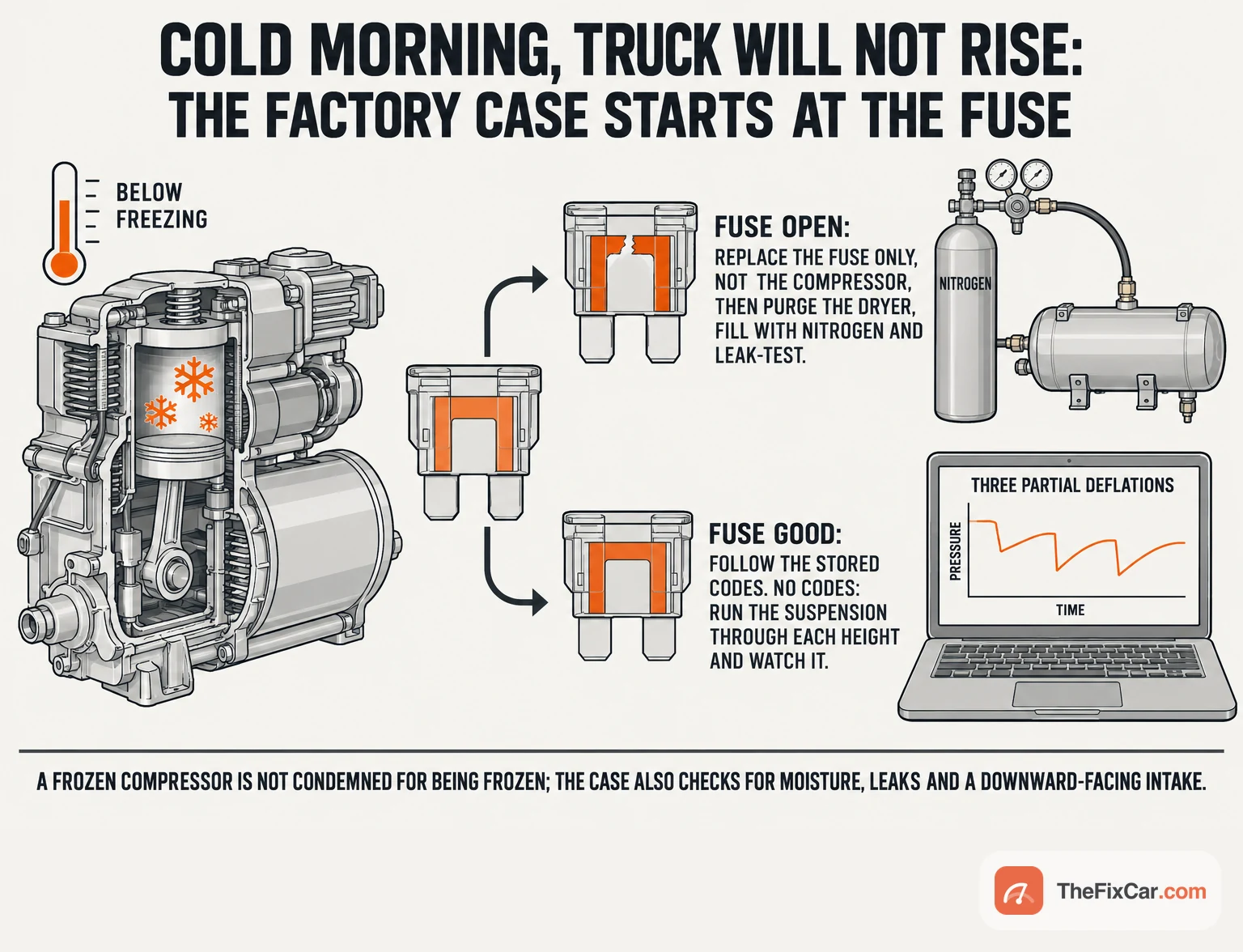 Decision drawing for a truck that will not rise in the cold, after the FCA case notes: an open compressor fuse means fuse, dryer purge, nitrogen fill and leak test, not a compressor; a good fuse means follow the stored codes, and with none, run the suspension through each height