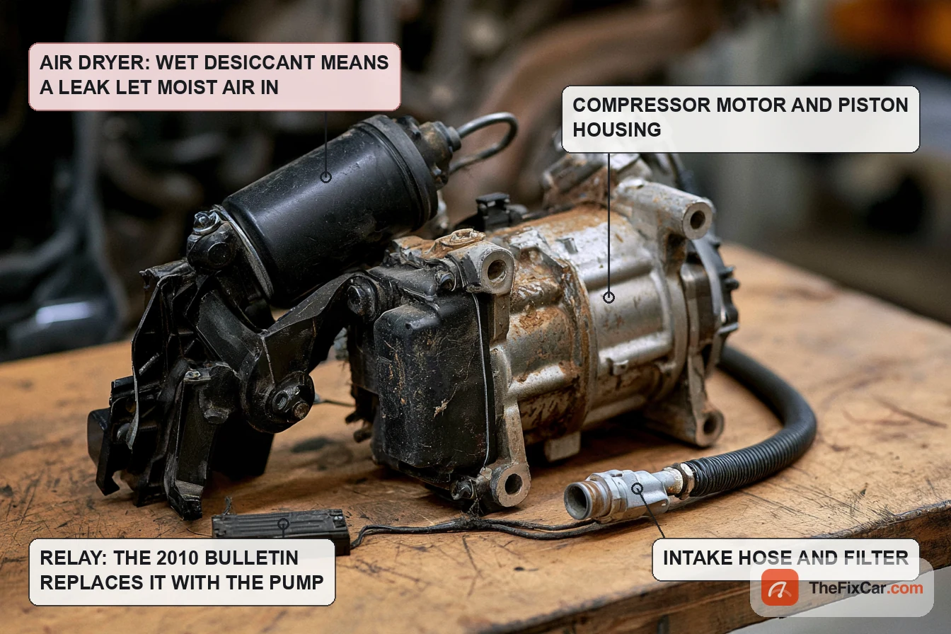 Air suspension compressor with its dryer canister, relay and intake hose on a workshop bench, labelled