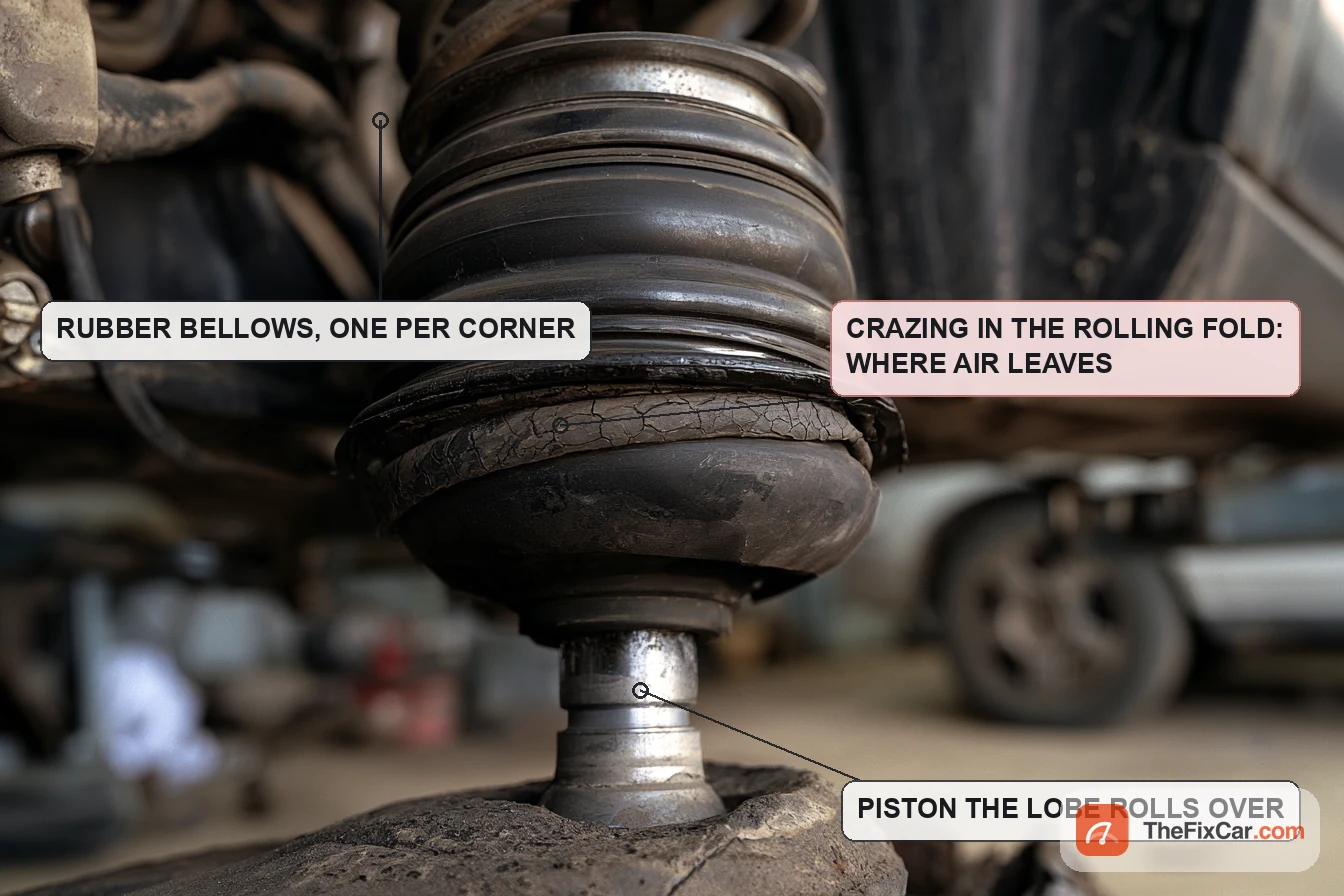Close-up of a rolling-lobe air spring with crazing in the rubber fold where it rolls over the piston, the usual place a corner loses air