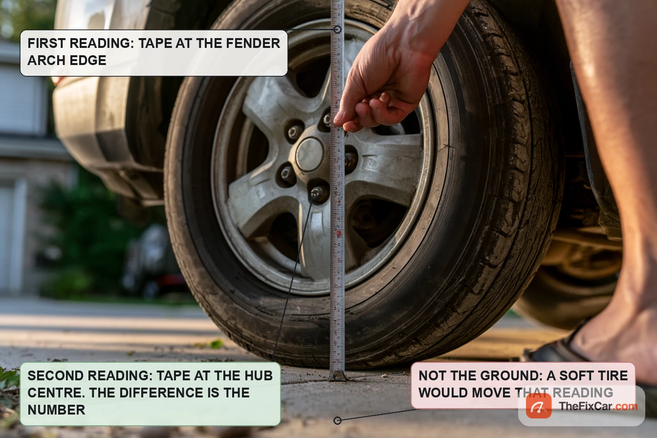 Tape measure held vertically at a car wheel: the reading at the fender arch edge and the reading at the hub centre give the ride height; the ground reading is not used