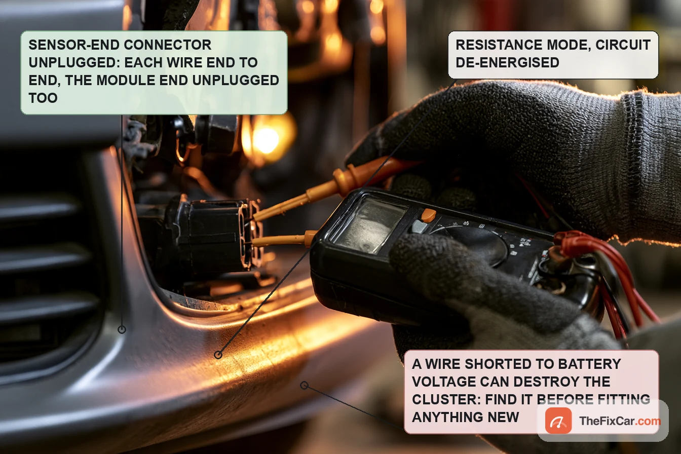 Multimeter probes on the two pins of an unplugged ambient temperature sensor connector at the front bumper