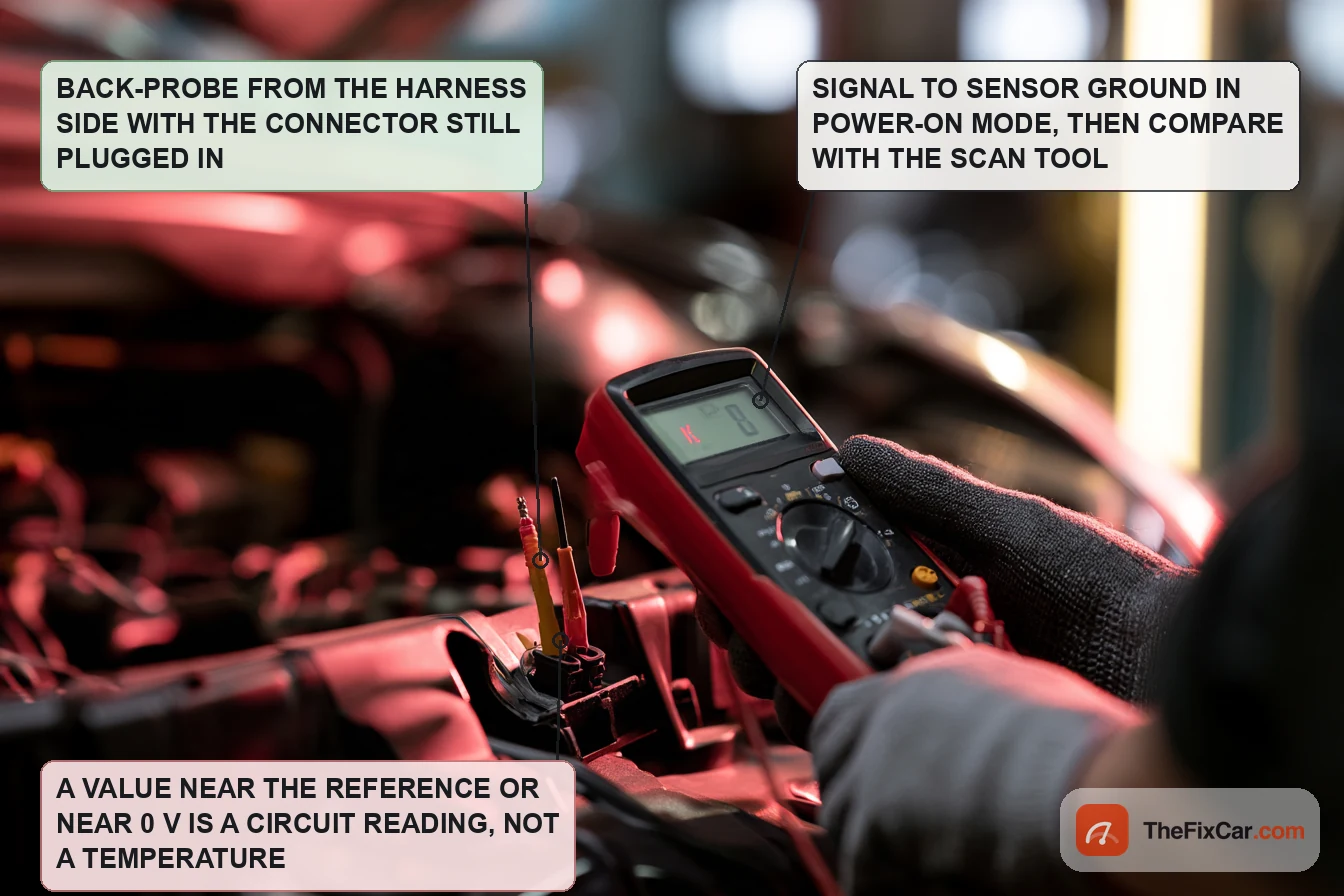 Multimeter back-probing a two-pin sensor connector that is still plugged in, inside the front compartment of a car