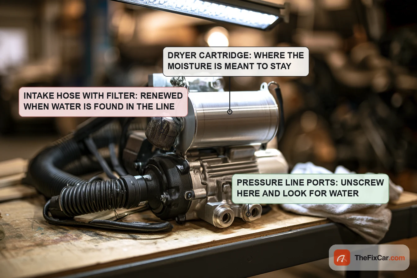 Air suspension compressor on a bench with callouts: dryer cartridge where the moisture is meant to stay, intake hose with filter renewed when water is found in the line, pressure line ports where the line is unscrewed to look for water