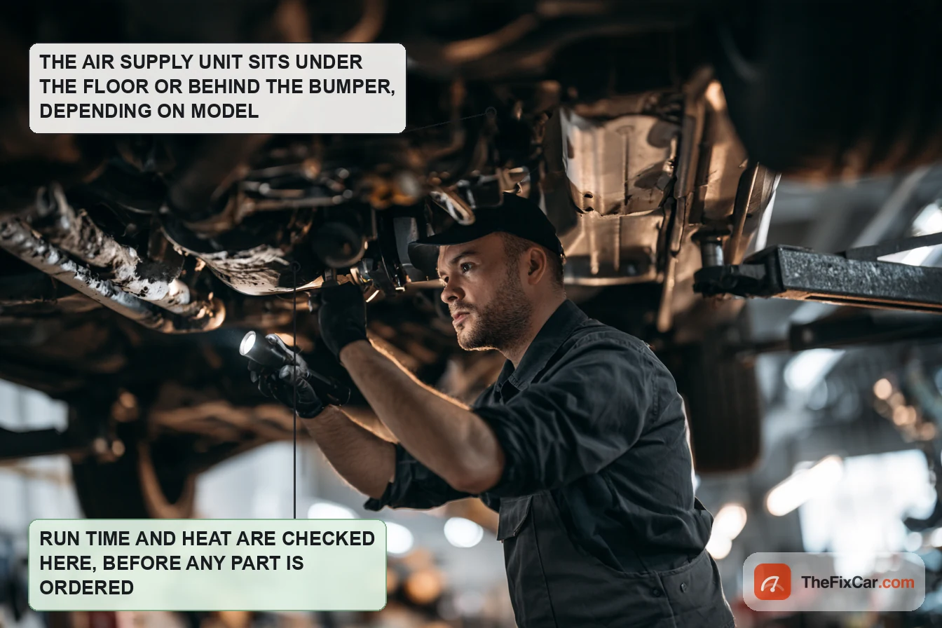 Mechanic under a lifted SUV with a flashlight on the underbody where the air supply unit is mounted; run time and heat are checked there before any part is ordered