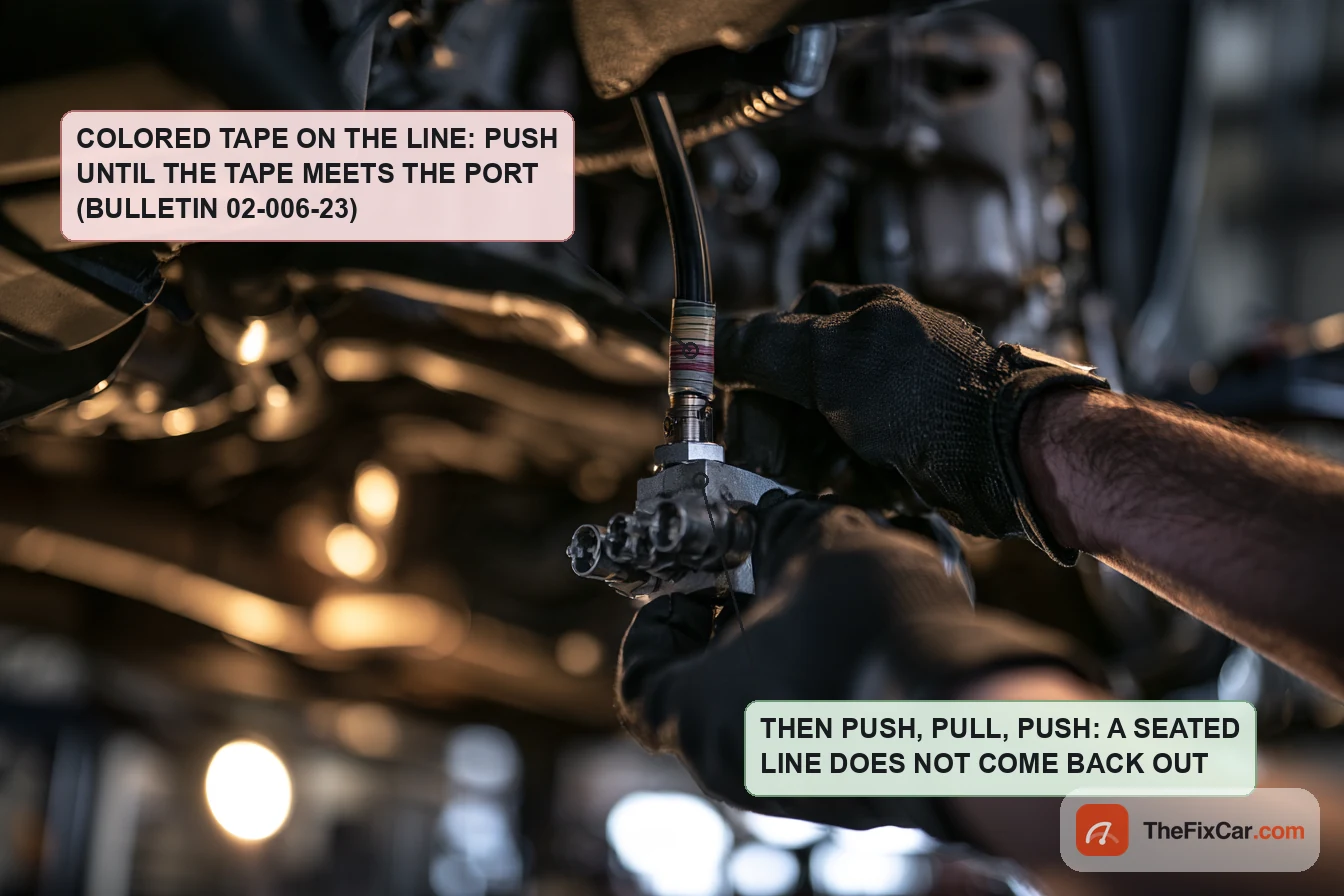 Mechanic pushing a plastic air line with a colored tape band into a valve block under an SUV: the 2023 Grand Cherokee bulletin seats the lines to the tape and proves them with a push, pull, push