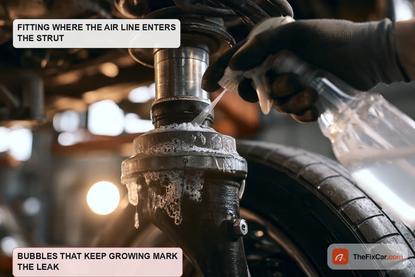 Soapy water sprayed on the air line fitting at the top of an air strut; bubbles that keep growing mark the leak