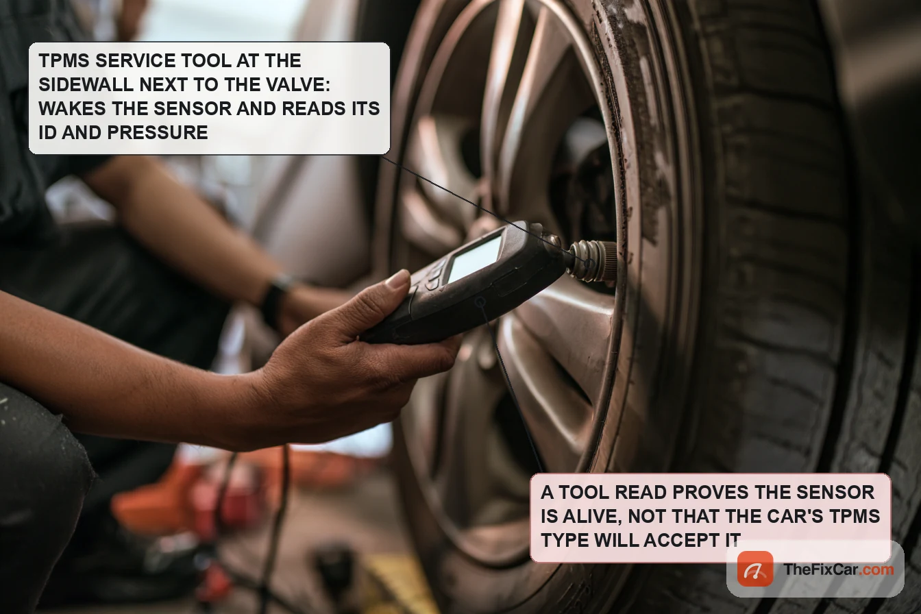 Technician holding a TPMS service tool against the tire sidewall next to the valve stem to wake and read the sensor