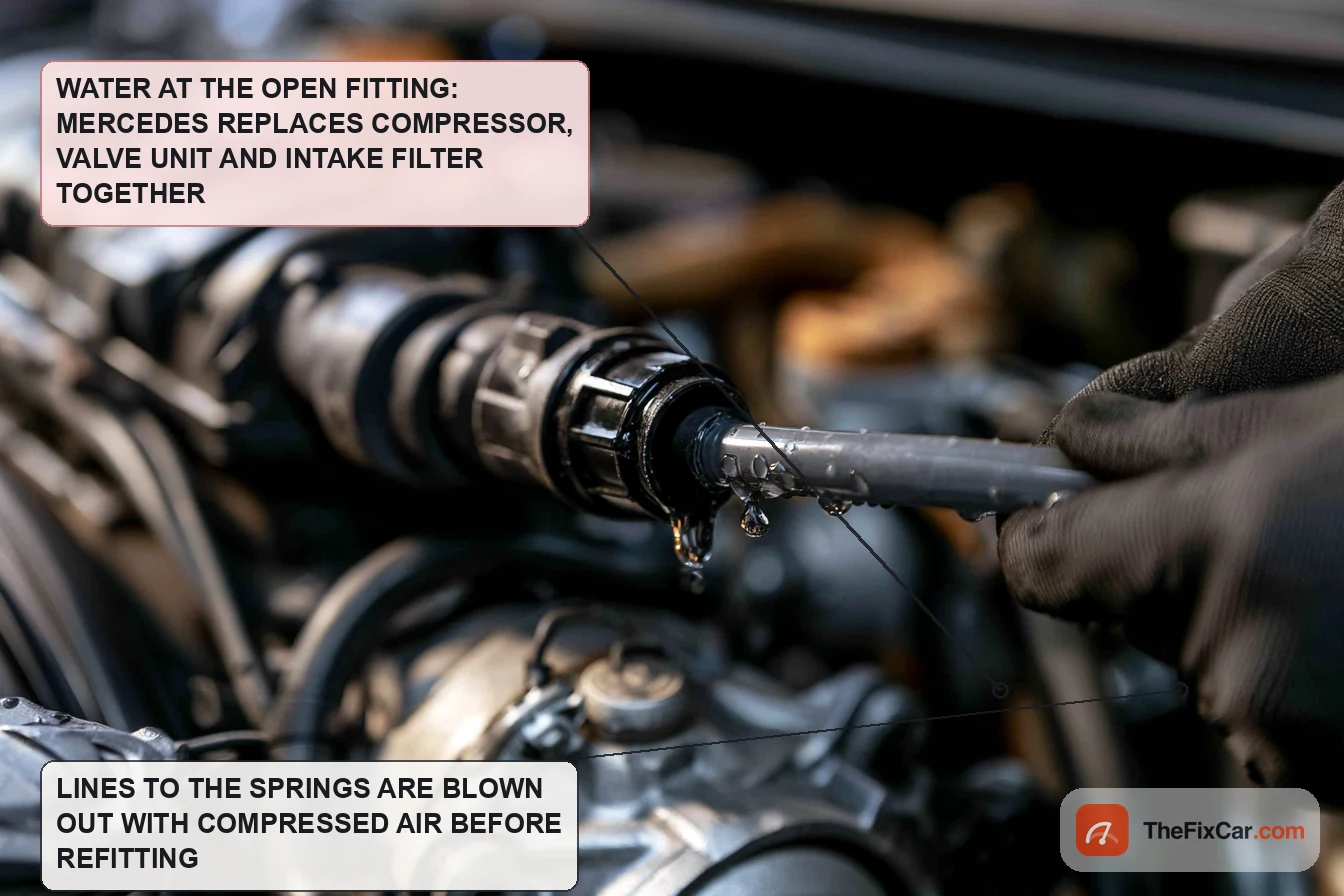 Disconnected air line at a compressor fitting with water droplets at the open port: the moisture check that condemns the compressor, valve unit and intake filter together