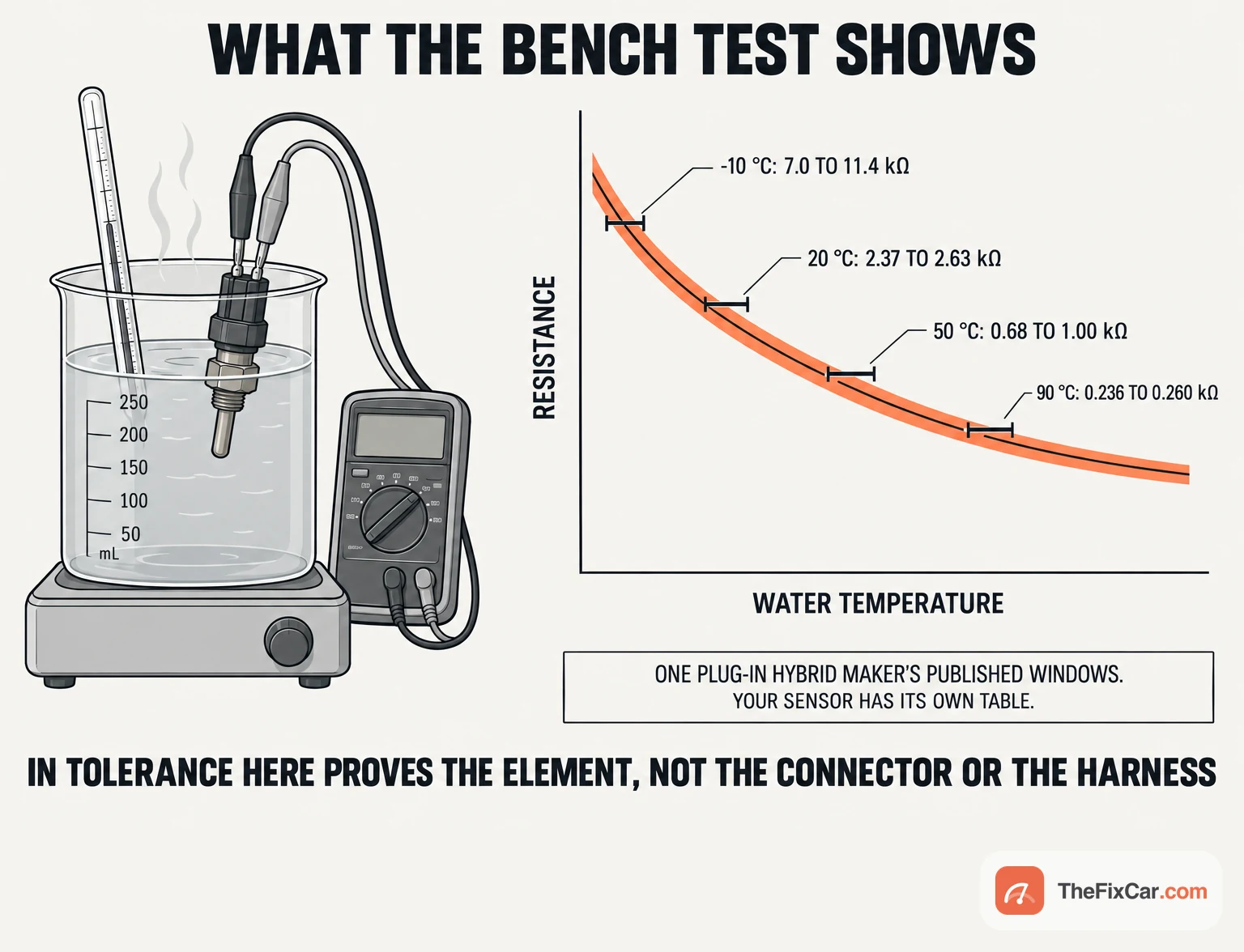 Resistance versus temperature curve with Mitsubishi EV coolant temperature sensor windows at -10, 20, 50 and 90 C marked, beside a sensor in a beaker of hot water with a thermometer and multimeter