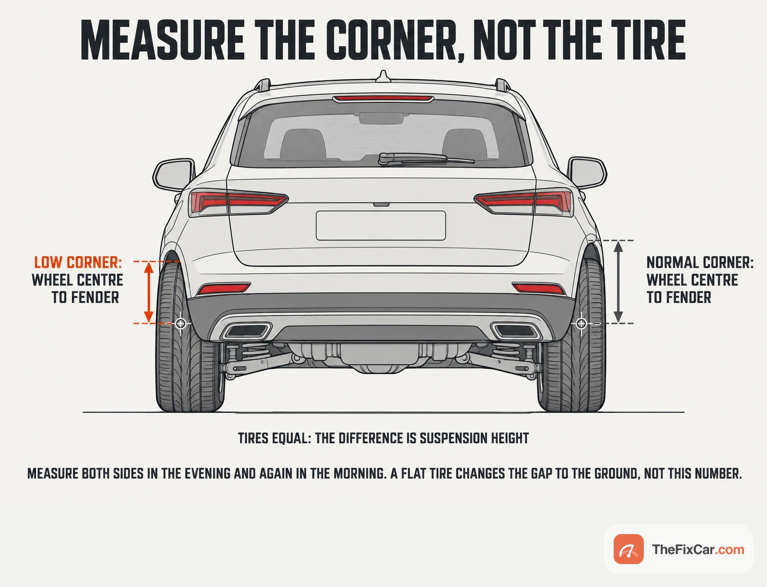 Rear view of an SUV with the left corner sitting low and both tires equally inflated; dimension arrows show the wheel-centre-to-fender measurement on each side