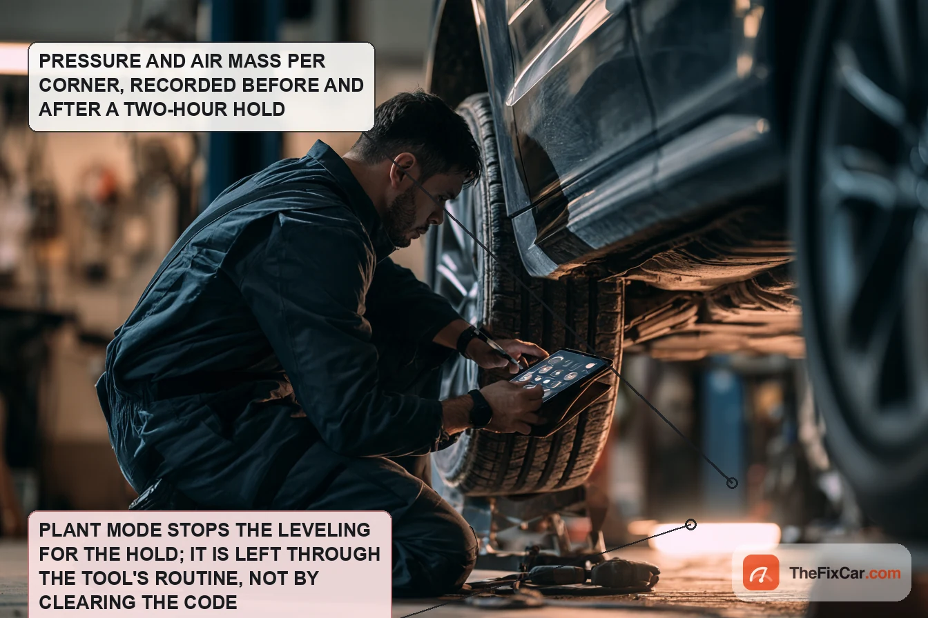Technician with a diagnostic tablet at the rear wheel of an SUV raised for a per-corner pressure hold