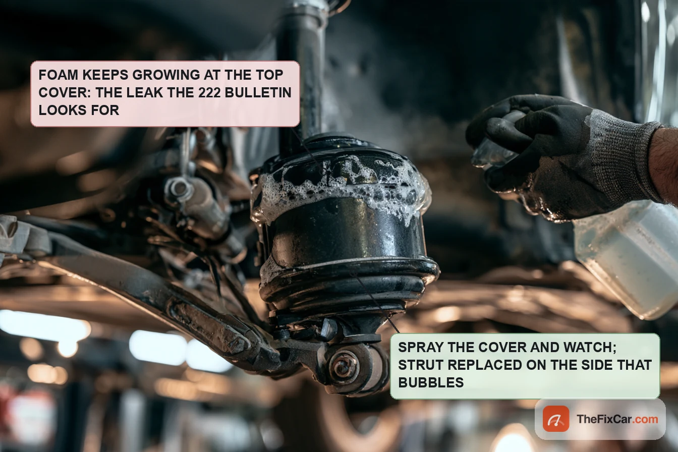 Soapy water foaming at the top cover of an air suspension strut under a car on a lift: the leak the Daimler 222 bulletin looks for, strut replaced on the side that bubbles