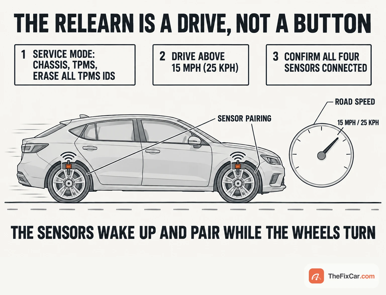 Car driving on a road with sensors pairing at each wheel and a speed dial just past 15 mph, with the three steps: erase all TPMS IDs in Service Mode, drive above 15 mph, confirm all four sensors connected