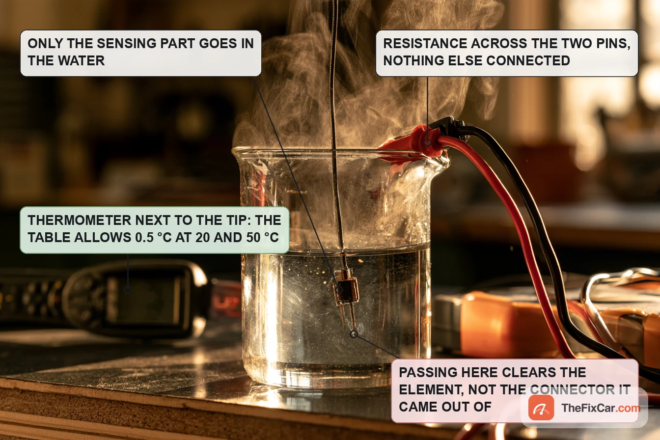 Coolant temperature sensor hanging in a beaker of hot water with meter leads on its pins and a digital thermometer beside it