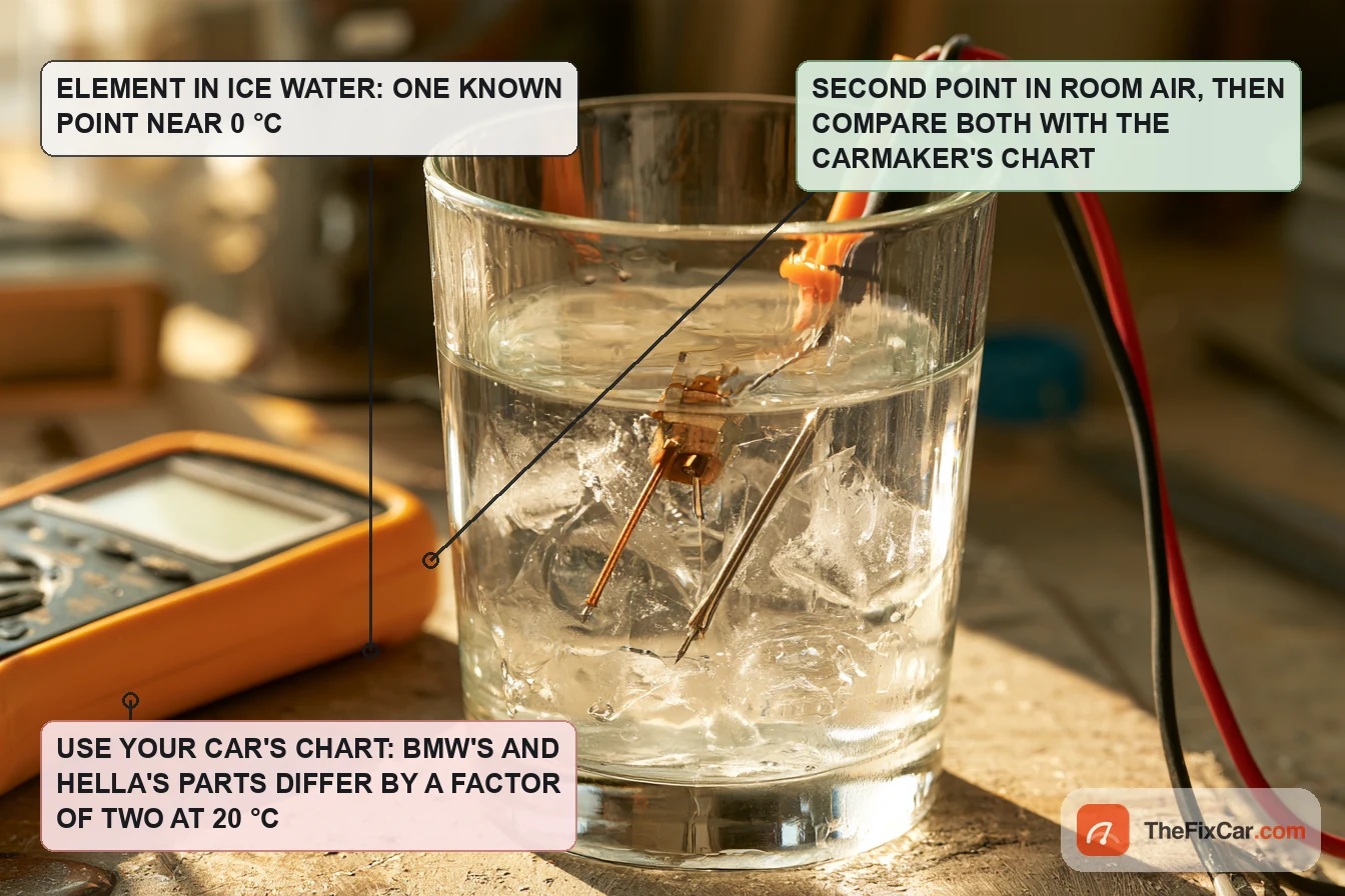 Air temperature sensor element in a glass of ice water with multimeter leads on its pins