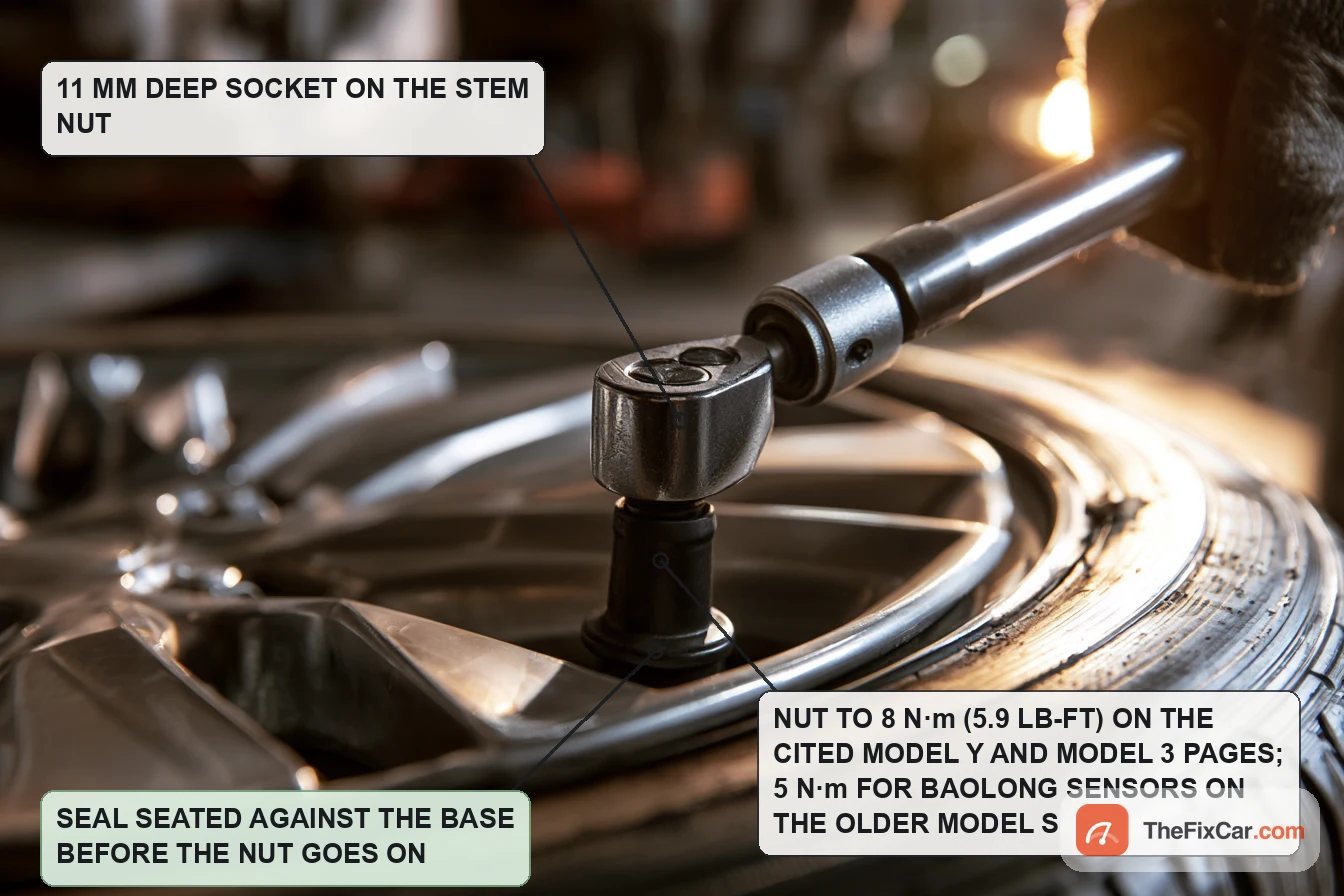 Torque wrench with a deep socket on the nut of a tire pressure sensor valve stem at the rim of an alloy wheel
