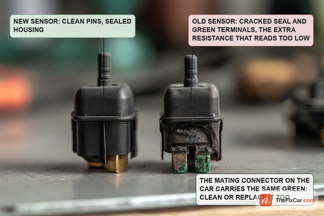 New ambient air temperature sensor beside an old one with a cracked seal and green corroded terminals
