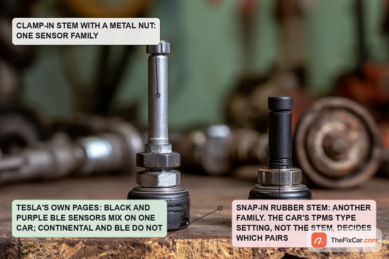Two tire pressure sensors on a bench, one with a long metal clamp-in valve stem and one with a short black rubber snap-in stem