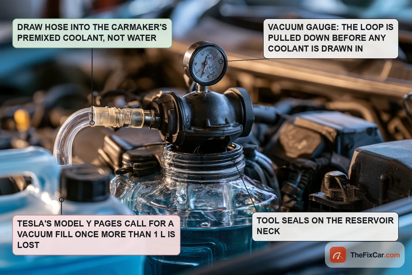 Vacuum fill tool with a gauge seated on a coolant reservoir neck, its draw hose running into a jug of premixed coolant